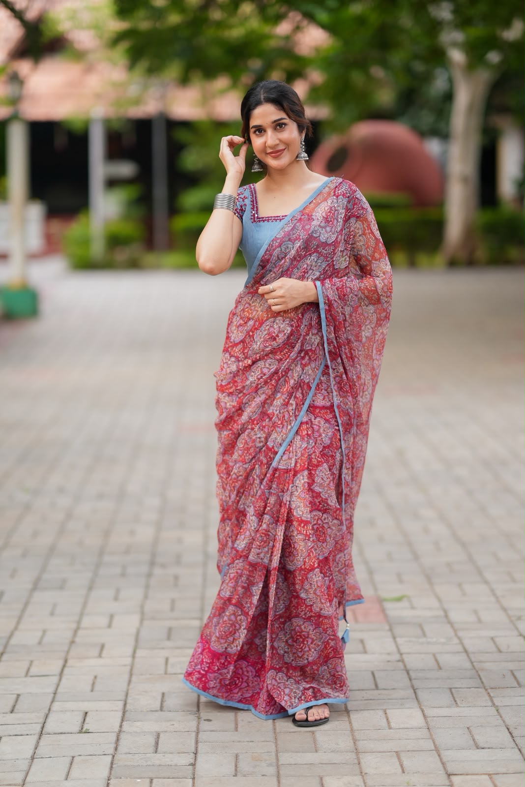 Maroon cotton kota saree with hand work blouse