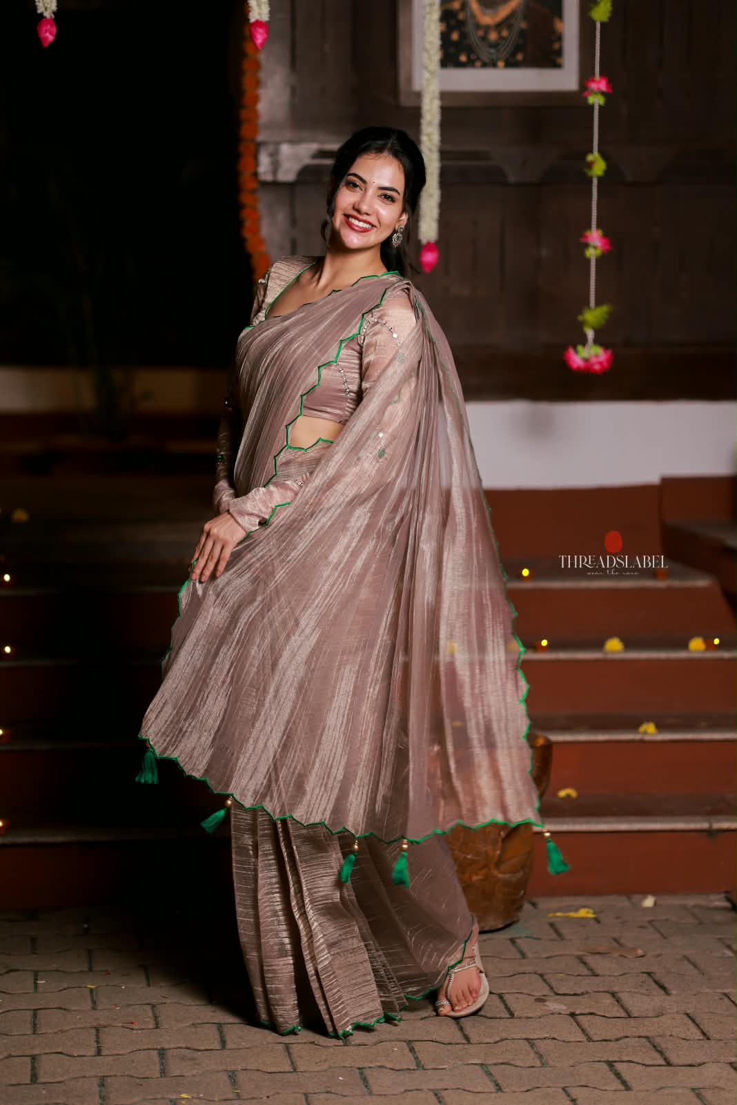 Dusty silver tissue hand made saree & blouse