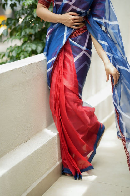 Blue maroon organza saree with patterned blouse