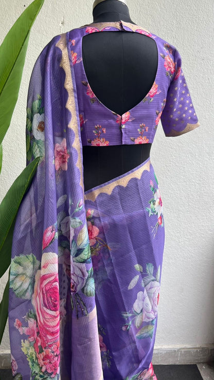 Lavender kota floral saree with blouse