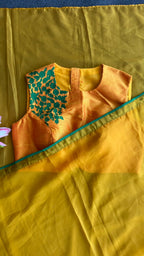 Mustard yellow soft organza saree with embroidery blouse