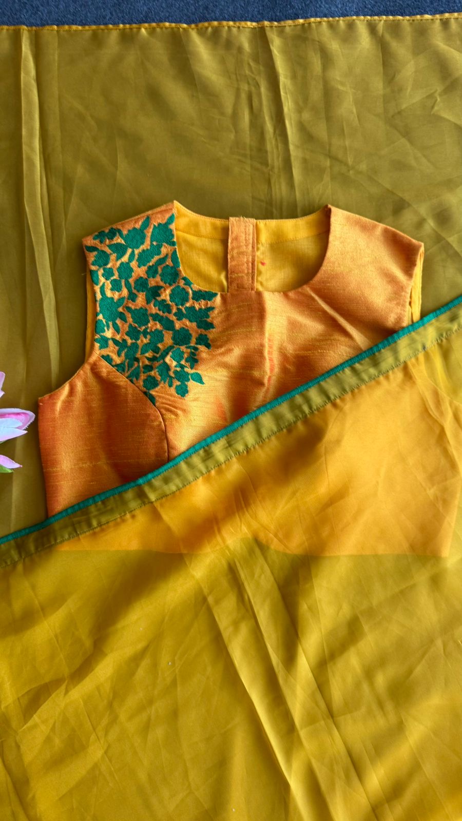 Mustard yellow soft organza saree with embroidery blouse