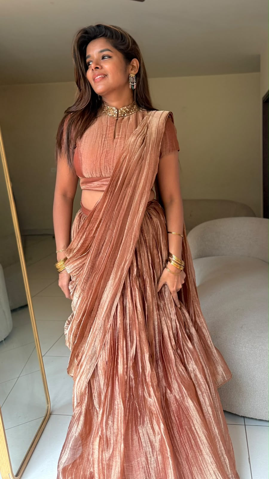 Copper tissue hand work lehenga