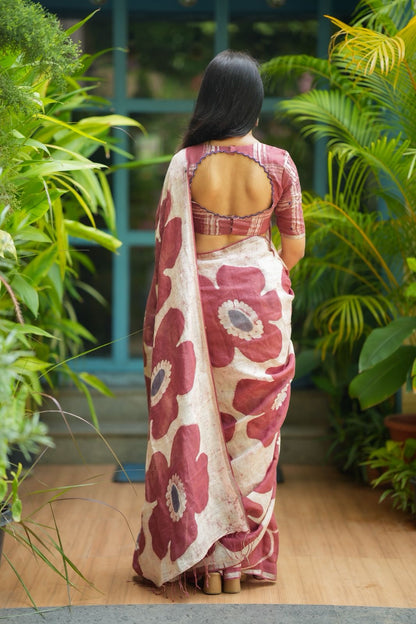 Brown linen floral saree with hand work blouse