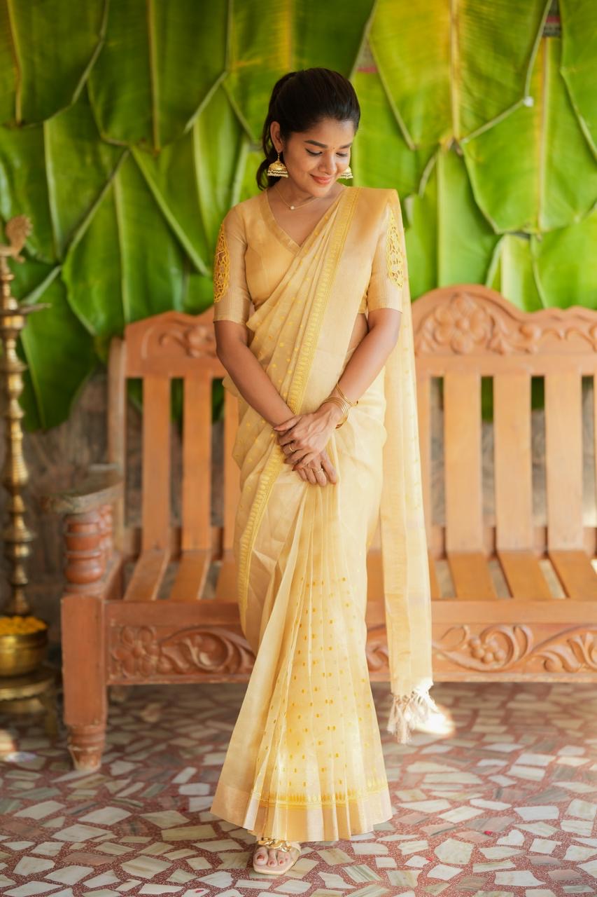 Gold kota doria saree with hand work blouse