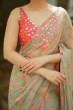 Red silk mirror hand work blouse (only blouse)