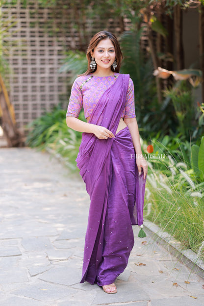 Purple mul chanderi saree with mirror work blouse