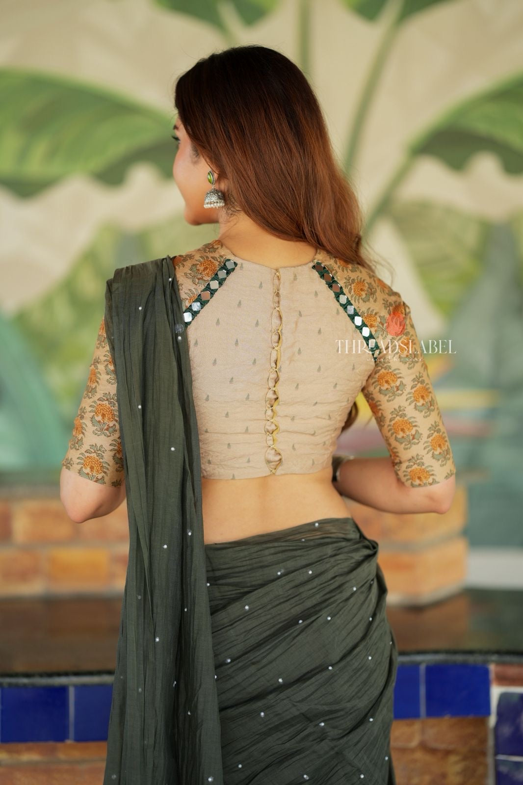 Bottle green mul chanderi saree with mirror work blouse
