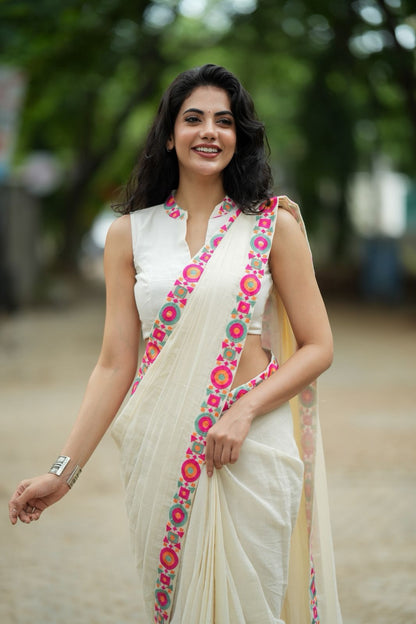Cream cotton kota saree with embroidery work blouse