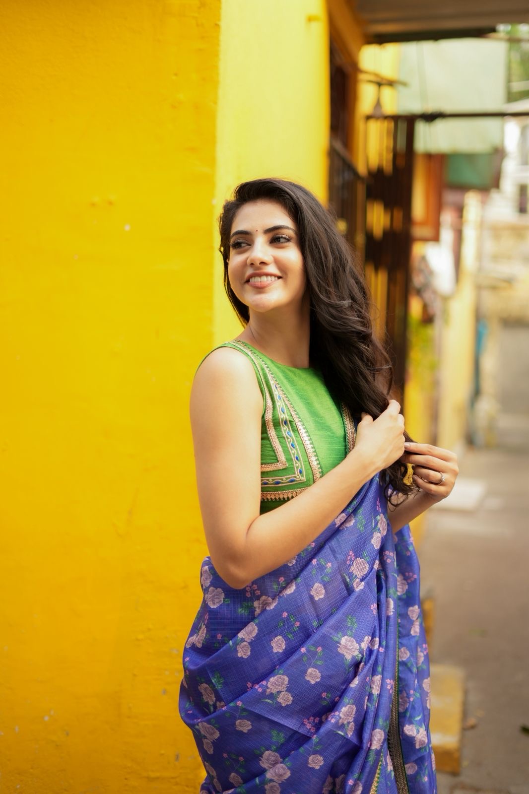 Blue kota saree with green hand work blouse