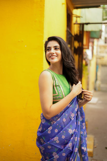 Blue kota saree with green hand work blouse