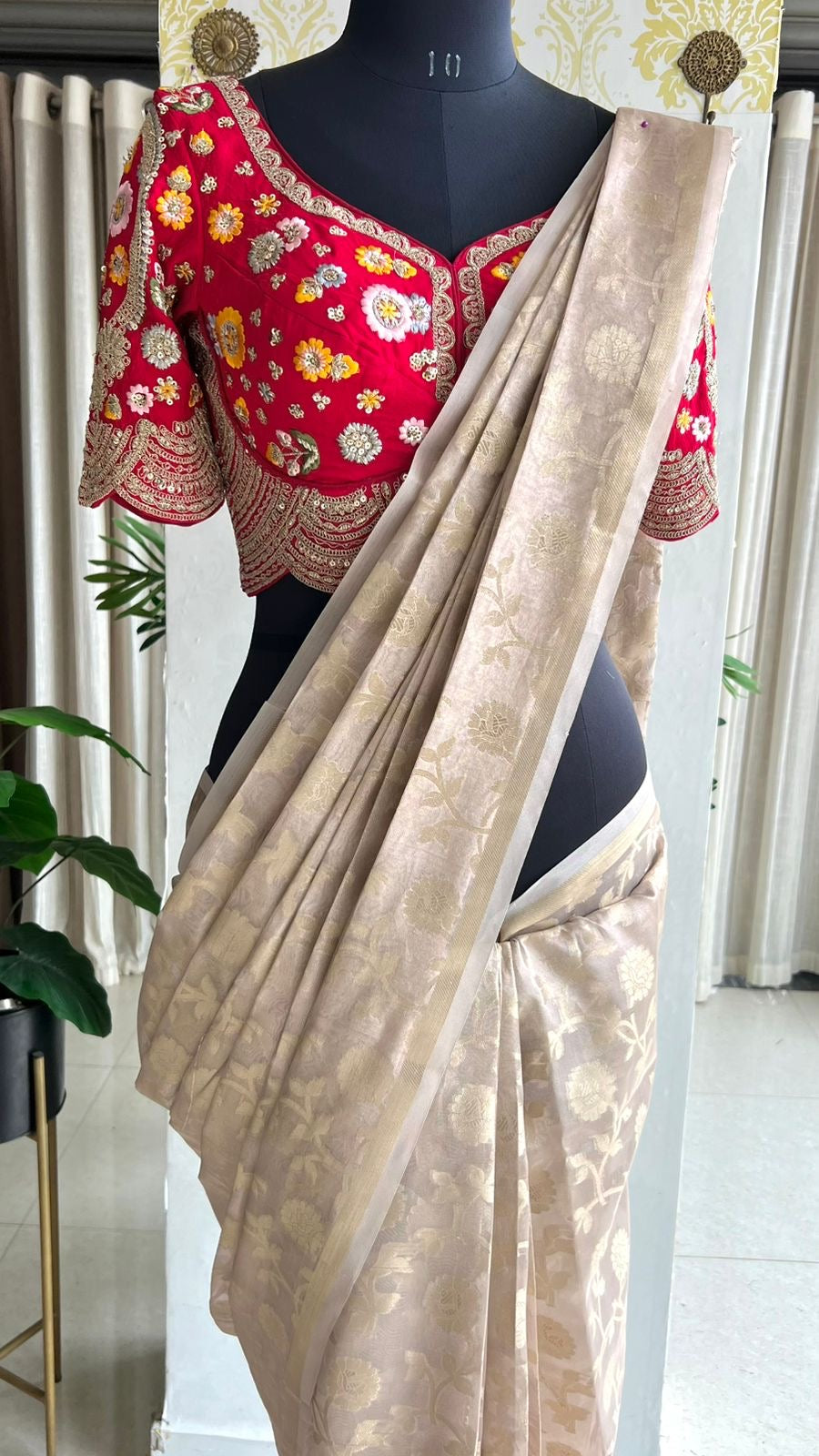 Half white banarasi saree with deep pink silk hand embroidery blouse