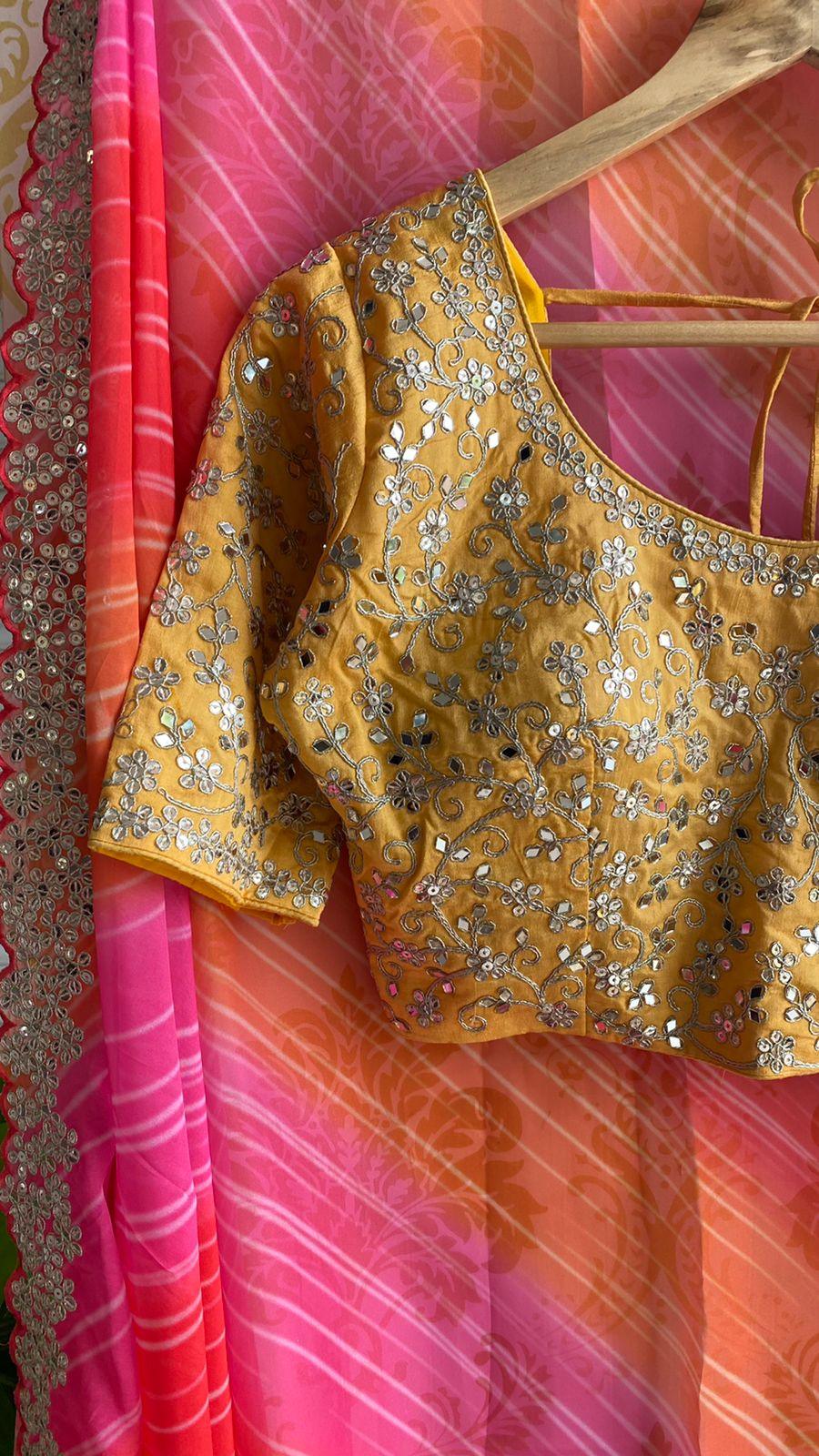 Soft pink and orange organza saree with embroidery yellow blouse - Threads