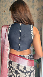 Black linen cotton kalamkari saree with embroidery blouse