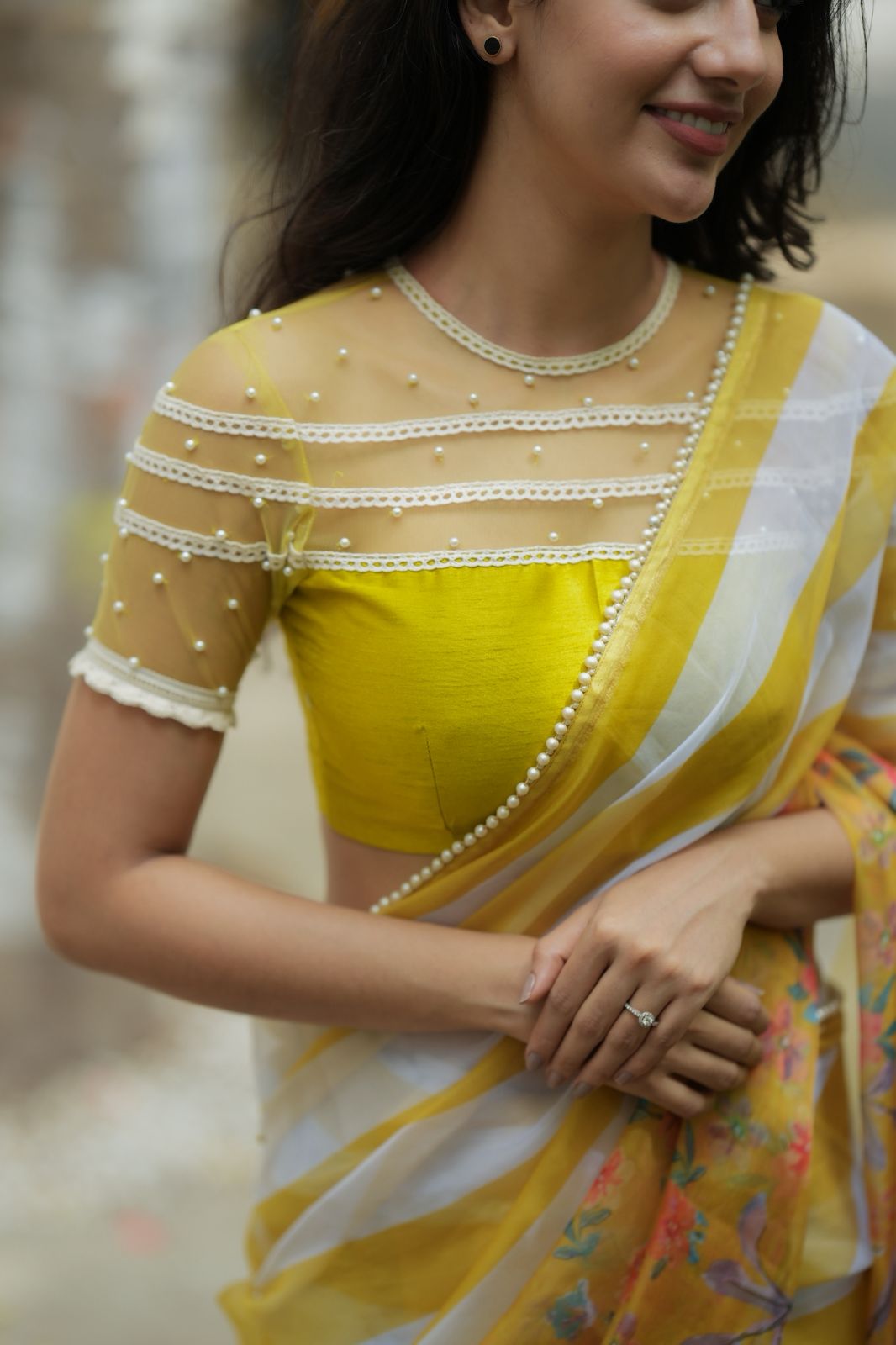 Fenugreek organza saree with hand work blouse