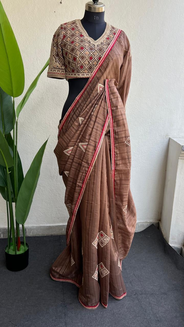 Caramel muslin silk embroidery saree with blouse