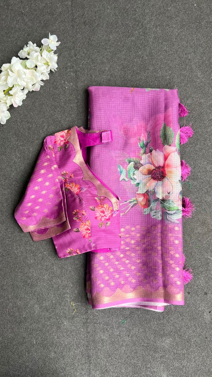 Light megenta kota floral saree with blouse