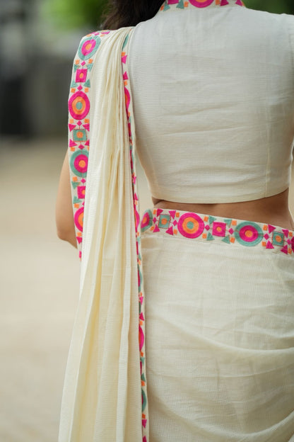 Cream cotton kota saree with embroidery work blouse