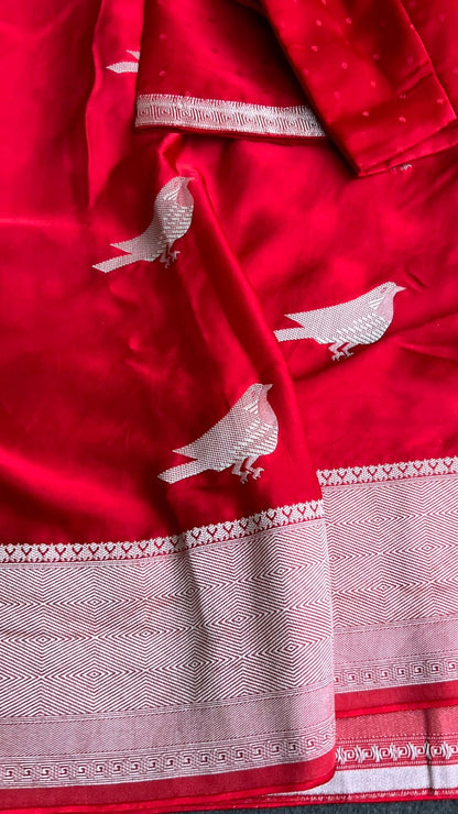 Red malai silk saree with zari work blouse