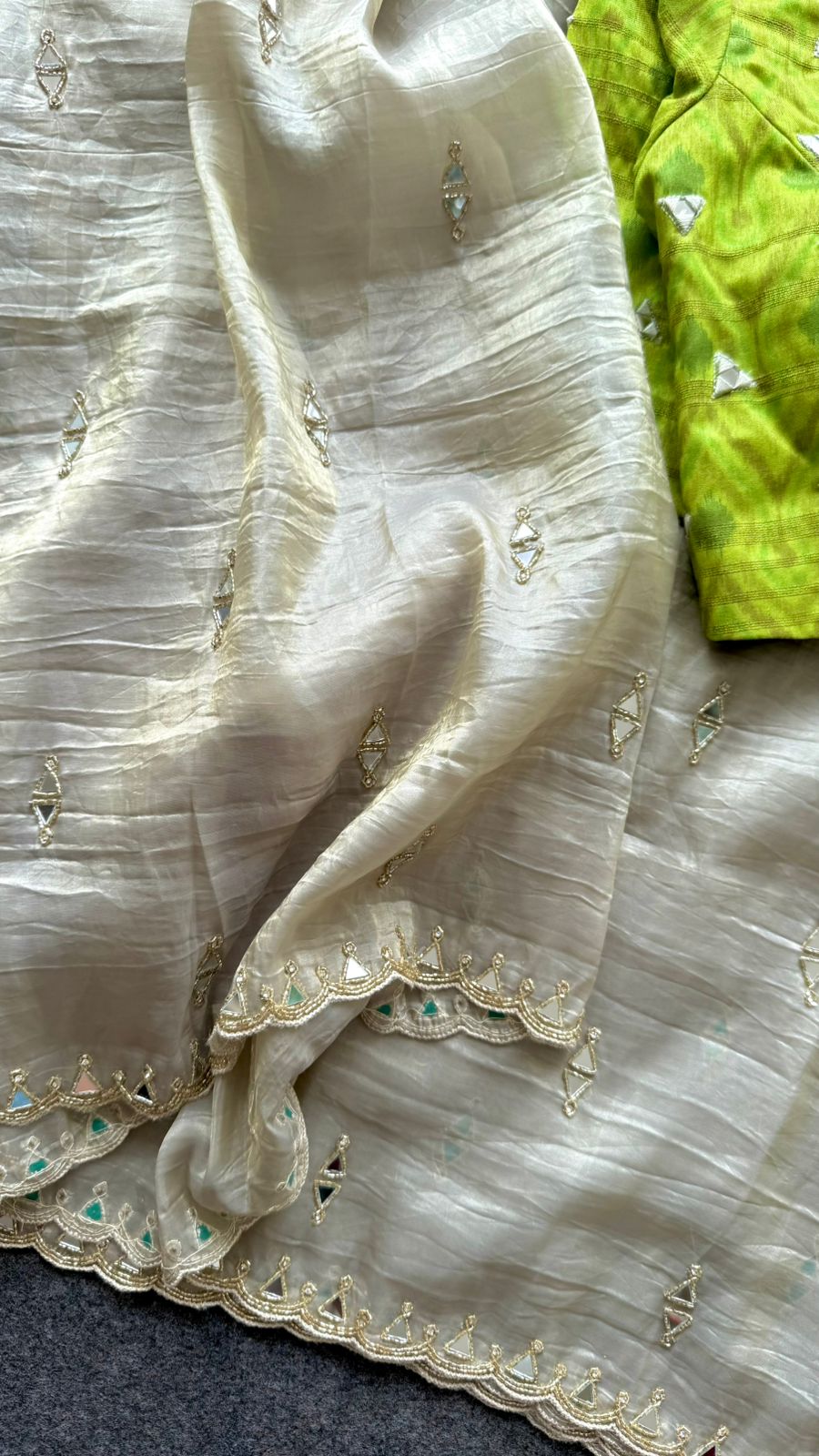 Silver grey tissue mirror work saree with ikkat blouse