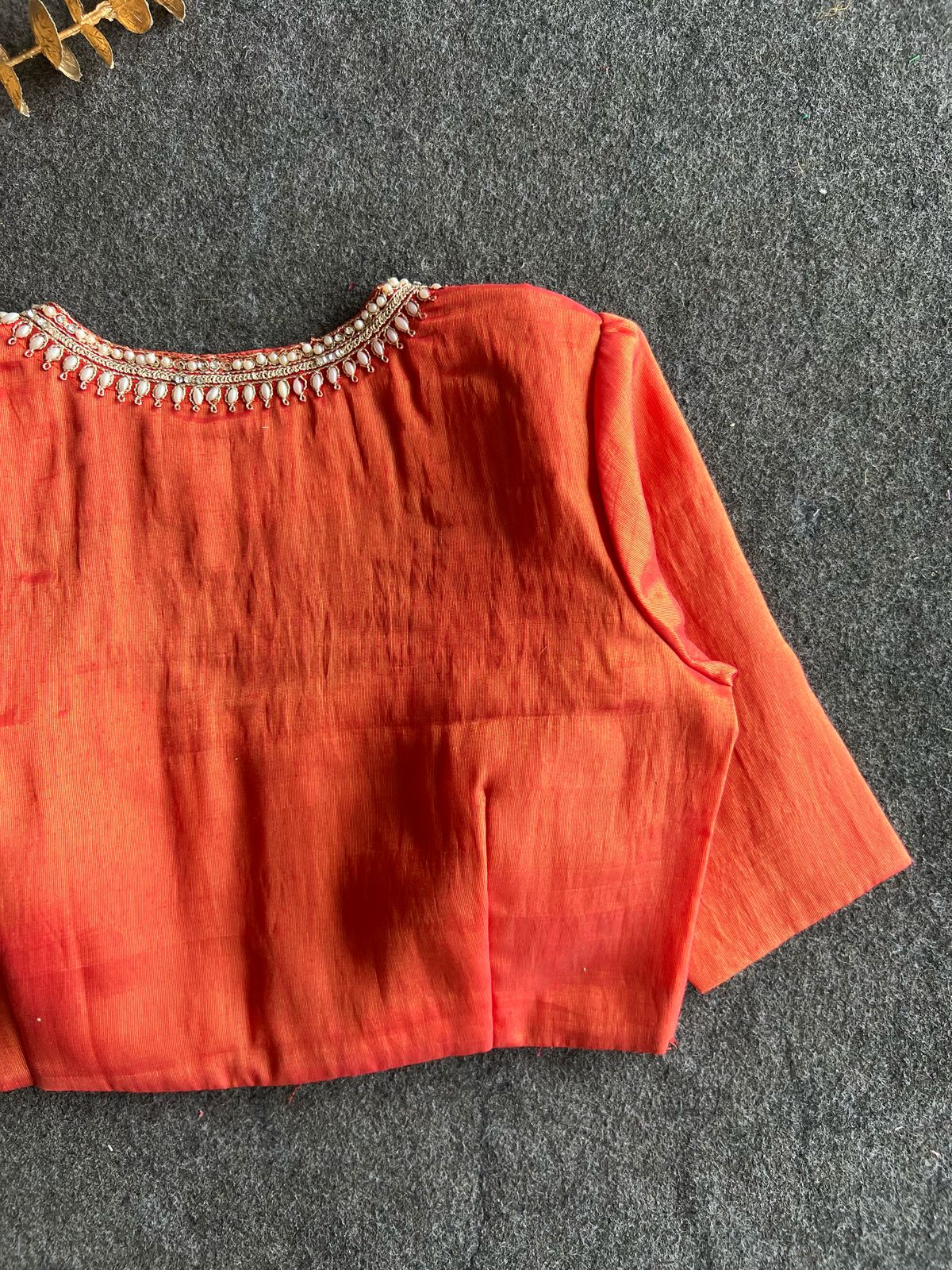 Orange red tissue pearl worked blouse