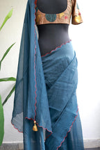 Blue malai cotton saree with kalamkari handwork blouse