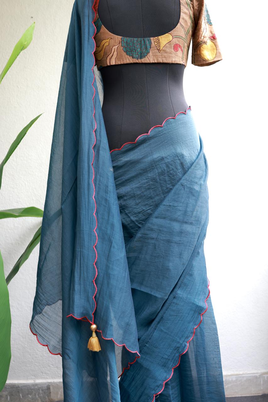 Blue malai cotton saree with kalamkari handwork blouse