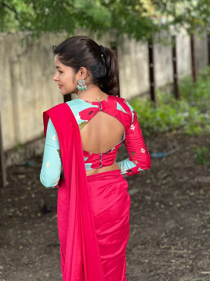 Pink marble silk saree with  embroidery blouseq