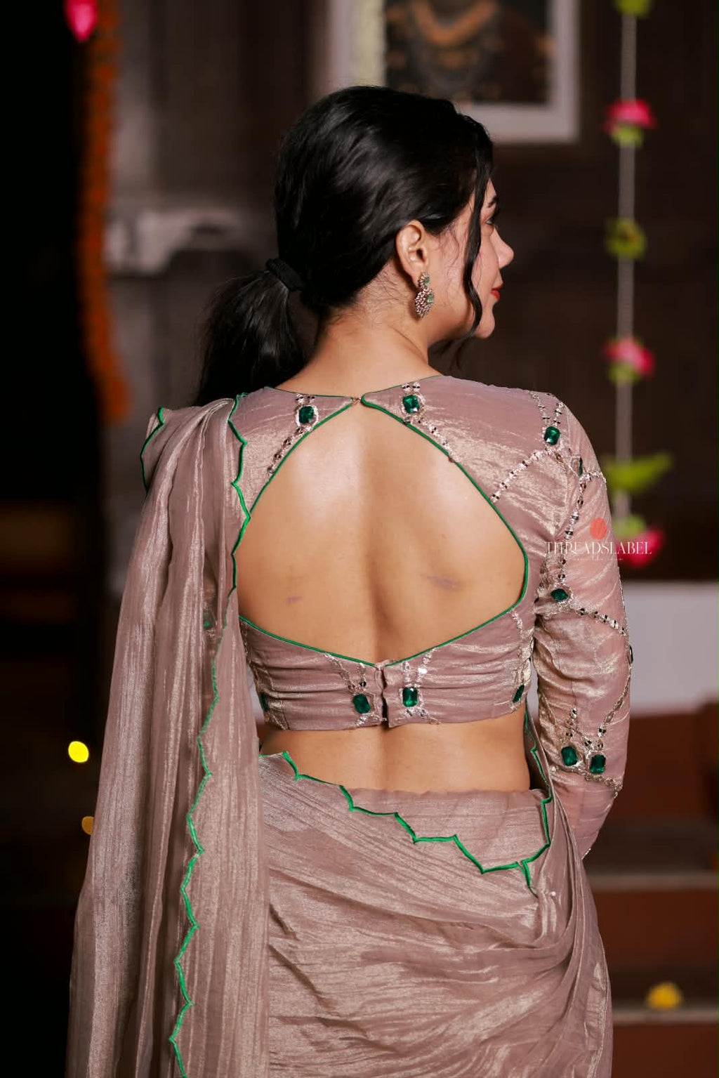 Dusty silver tissue hand made saree & blouse