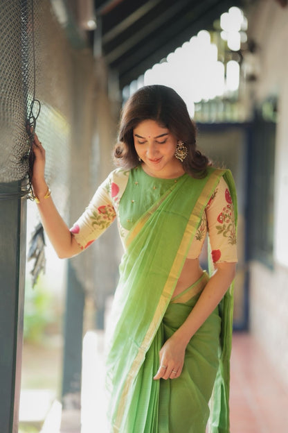 Cream cotton print hand work blouse(only blouse)