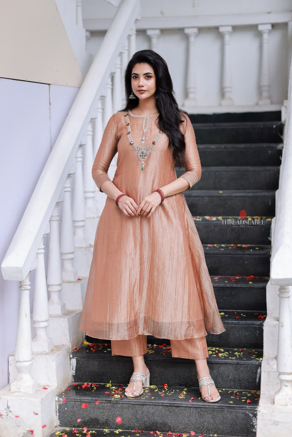 Peach tissue JEWEL NECK kurti