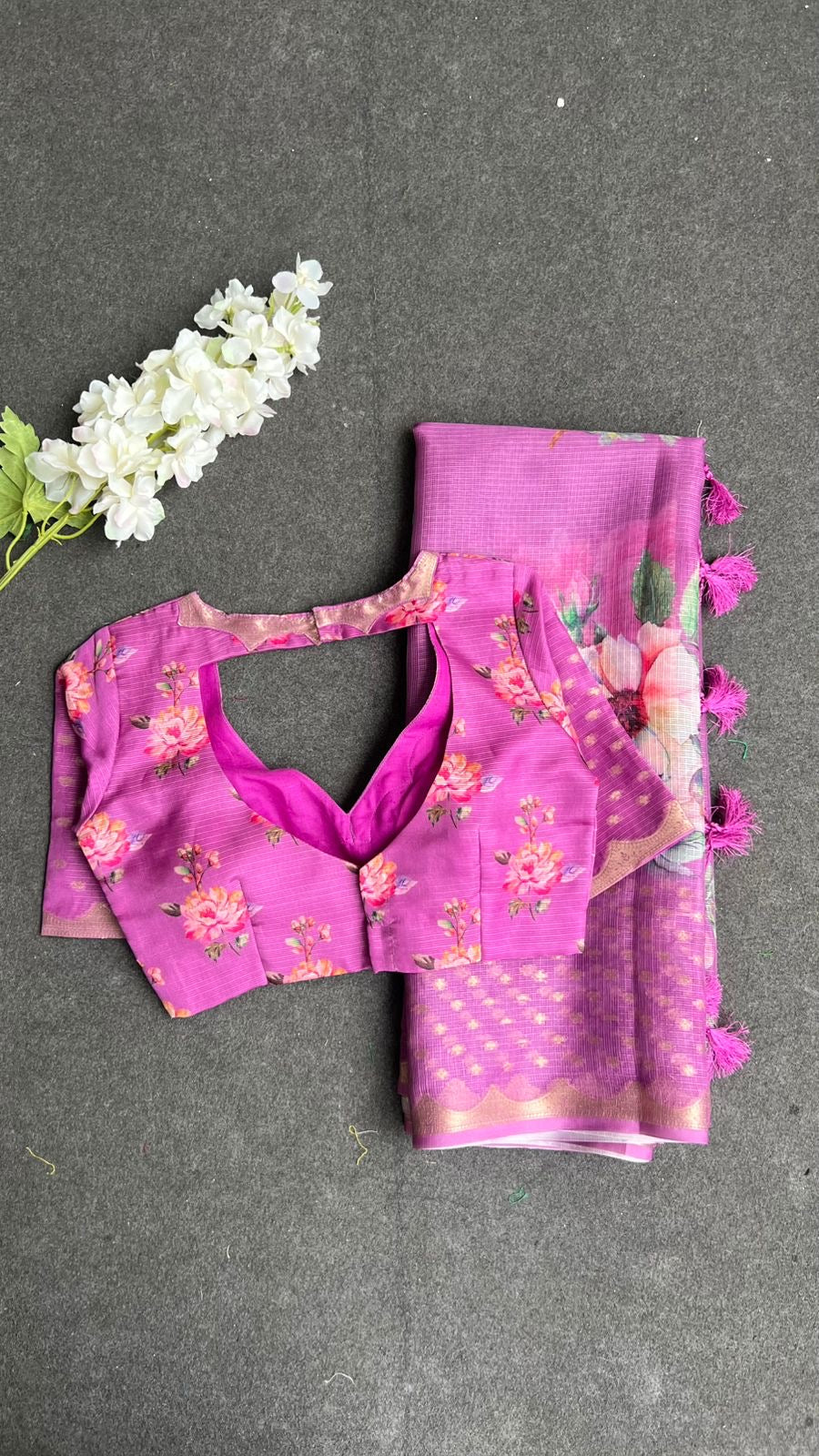 Light megenta kota floral saree with blouse