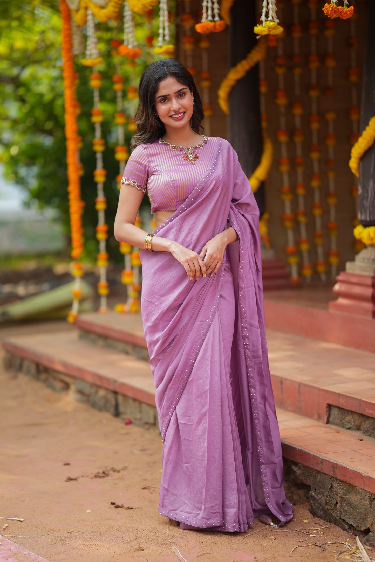Lavender marble saree with Jewel neck handwork blouse