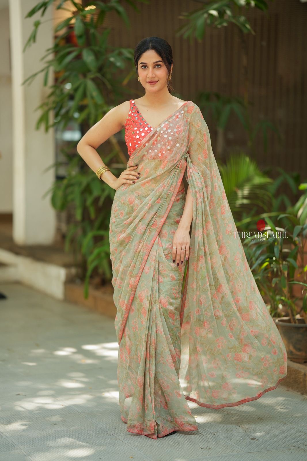 Red silk mirror hand work blouse (only blouse)