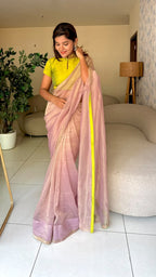 Purple pink tissue saree with hand work blouse