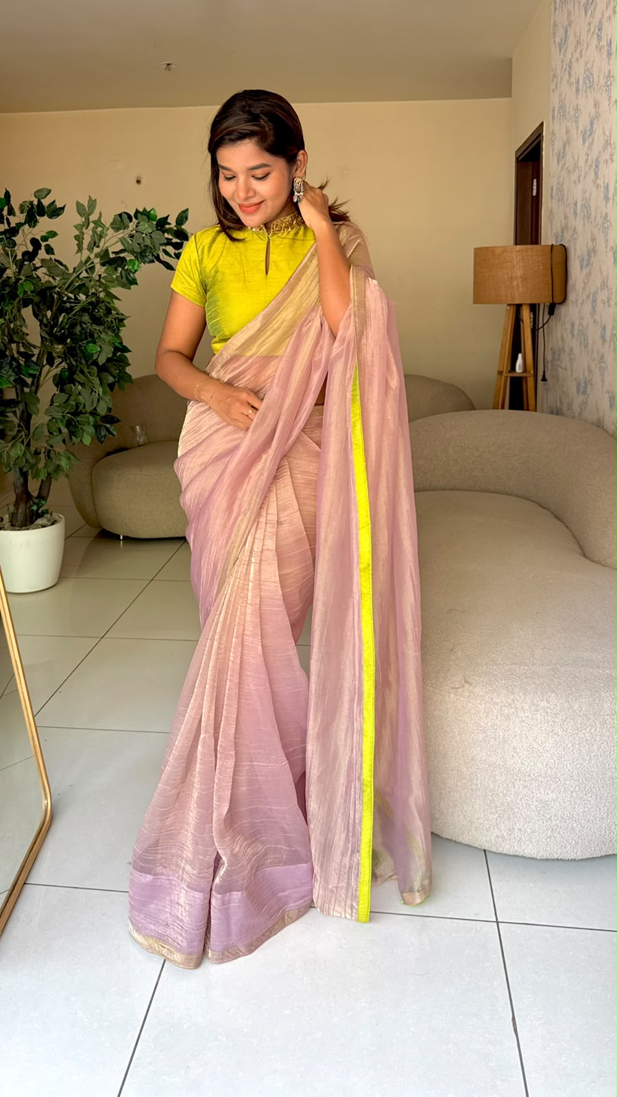 Purple pink tissue saree with hand work blouse