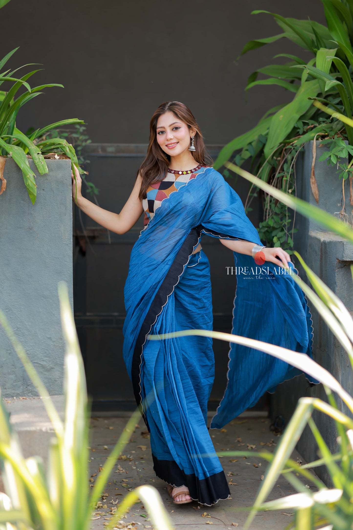 Blue mul chanderi saree with mirror work blouse