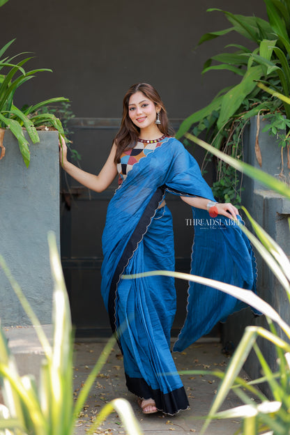Blue mul chanderi saree with mirror work blouse