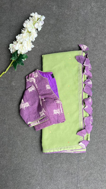 Parrot kota saree with lavender cotton blouse