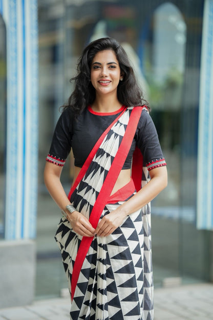 Black & white triangle saree with black hand work blouse