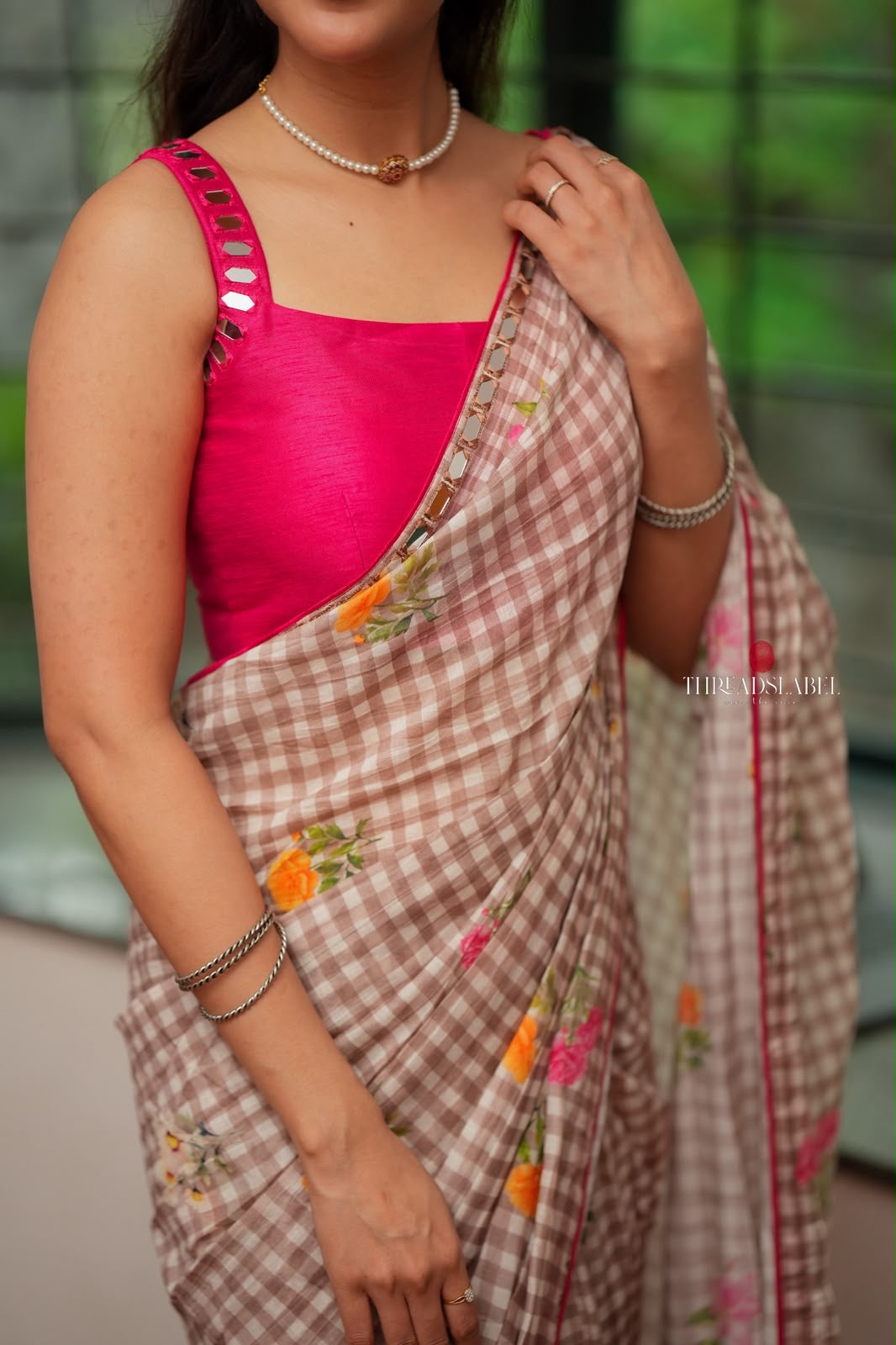 Brown checked mul cotton saree with hand work blouse