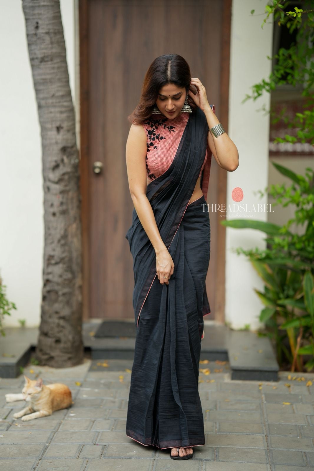 Black mul chanderi saree with pink embroidery blouse