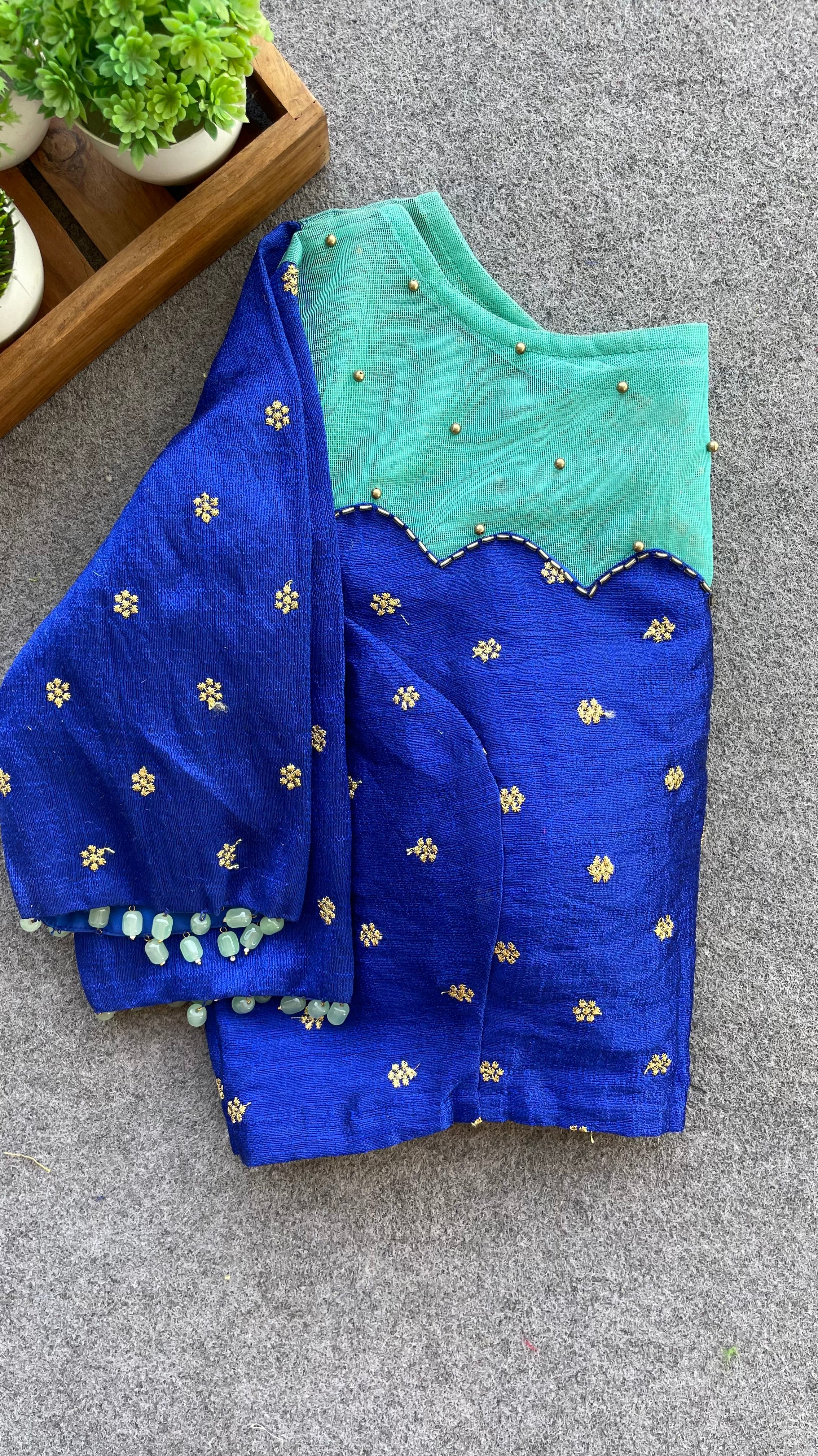 Blue silk netted & handwork blouse