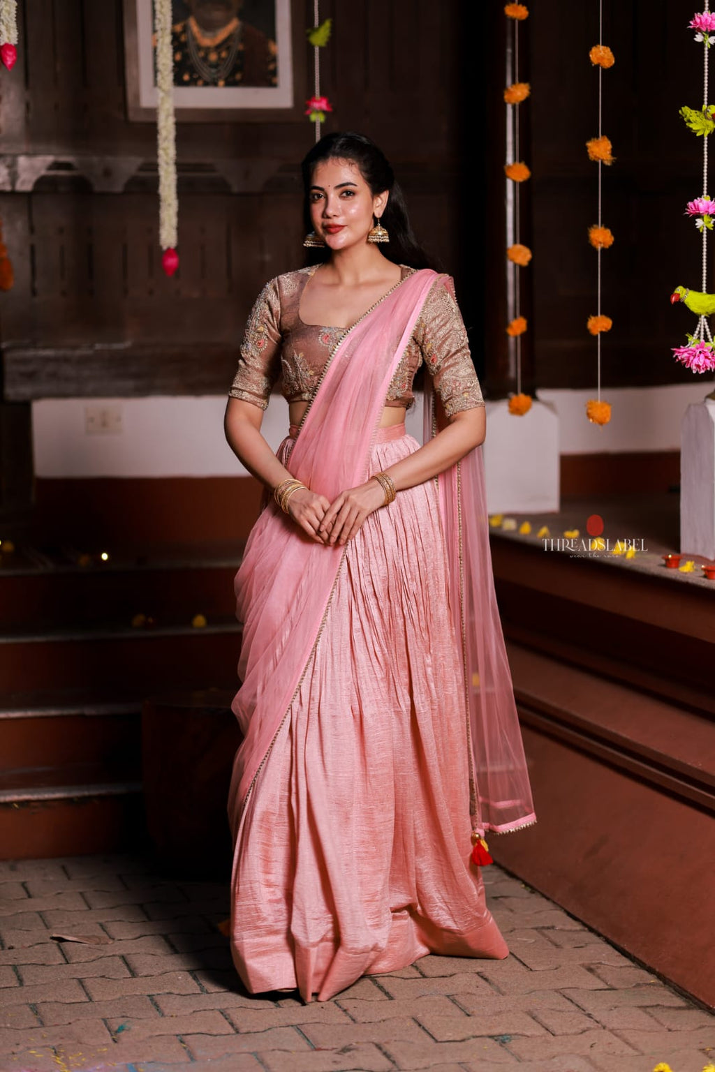 Pink marble silk lehenga with handwork blouse