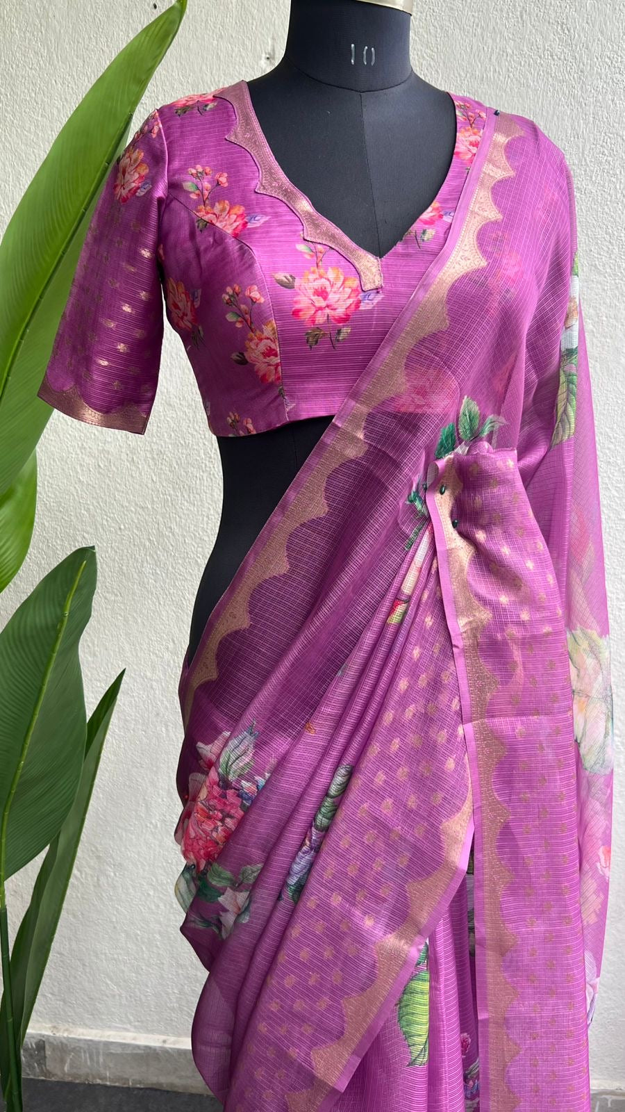 Light megenta kota floral saree with blouse