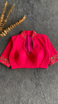 Pink silk collar & sleeves hand worked blouse