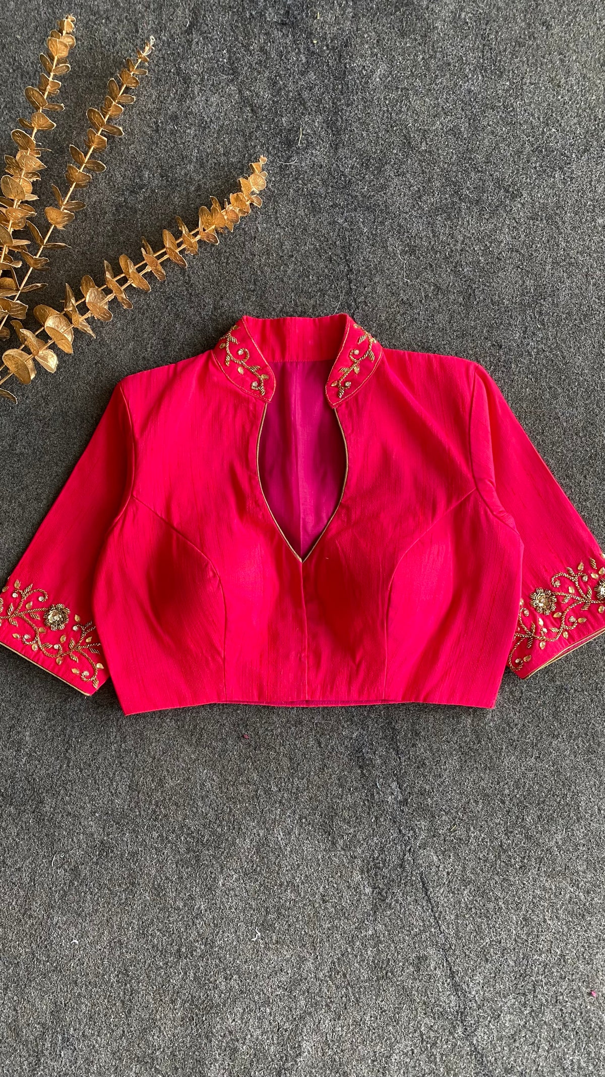 Pink silk collar & sleeves hand worked blouse