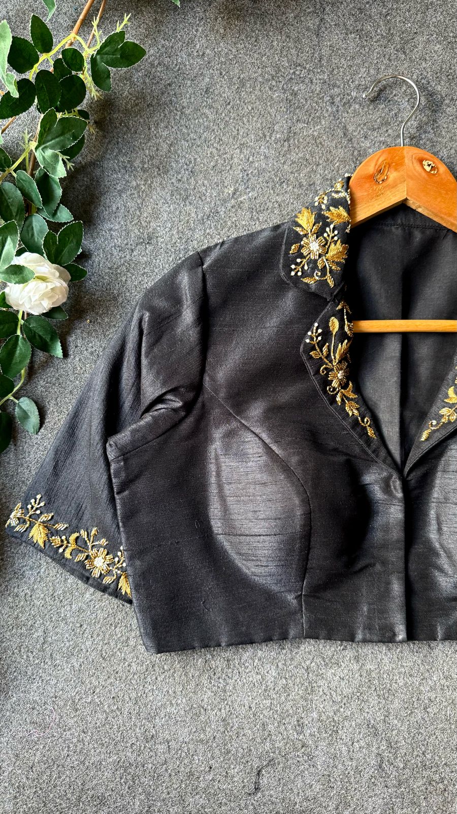 Black silk collar hand worked blouse