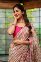 Brown checked mul cotton saree with hand work blouse