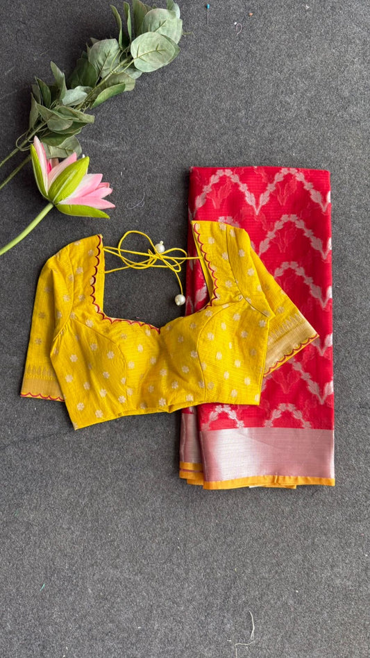 Red soft kota silk saree with yellow embroidered blouse